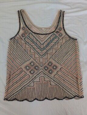 Willow & Clay Sheer Nude Multicolor Geometric Beaded Tank Top Size Medium